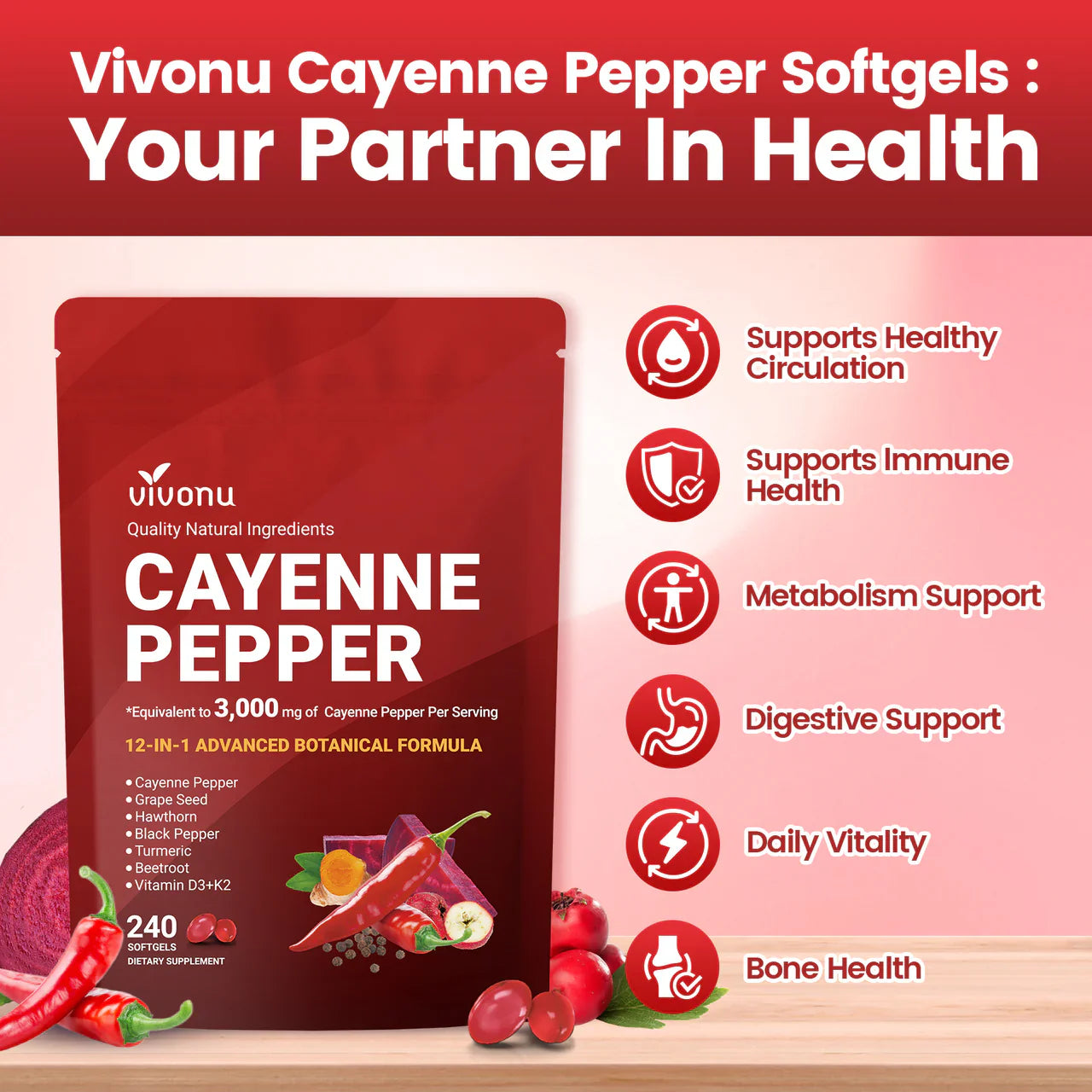 Cayenne Pepper Softgels Supplement, Supports Leg Vein